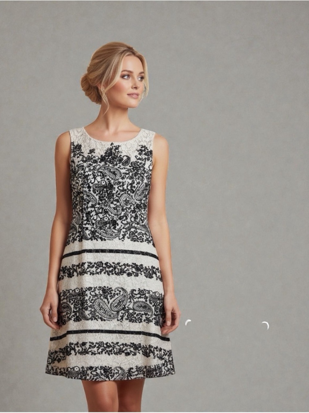 Kay Unger Black White Paisley Lace Cocktail Dress Size 6 - Picture 2 of 8